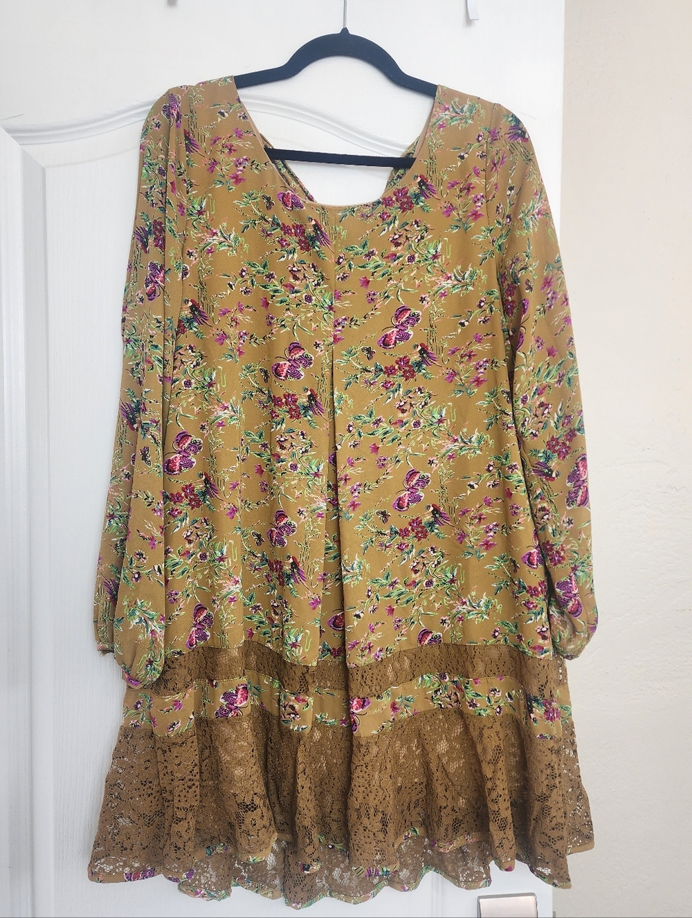 Entro Lace Round Neck Long Sleeve Brown & Purple Floral Women's Dress Size L NWT